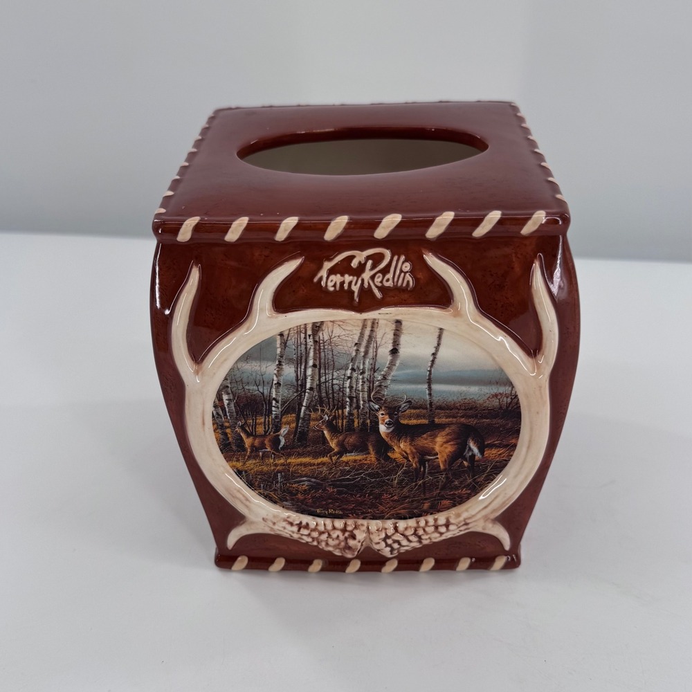 Terry Redlin Tissue Box Cover Wildlife Deer Ceramic Rustic Lodge Cabin Brown